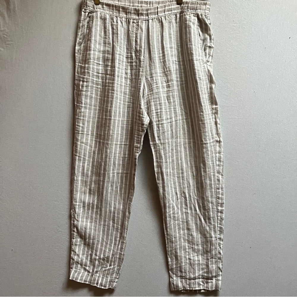Rosso35 Made in Italy Beige White Striped 100% Linen Pull On Pants US 10